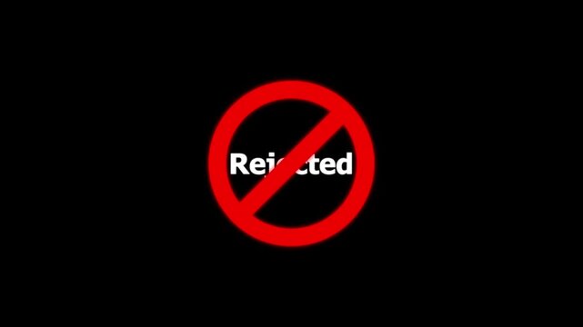 Rejected sign animation with red prohibition symbol on black background, rejection denied forbidden prohibited