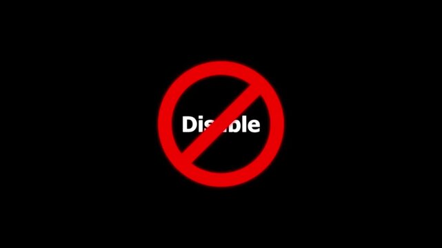 Disable warning sign animation, red prohibited circle on black background, forbidden