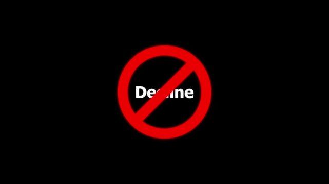 Decline text animation with red prohibited symbol overlay for business and finance concepts rejected