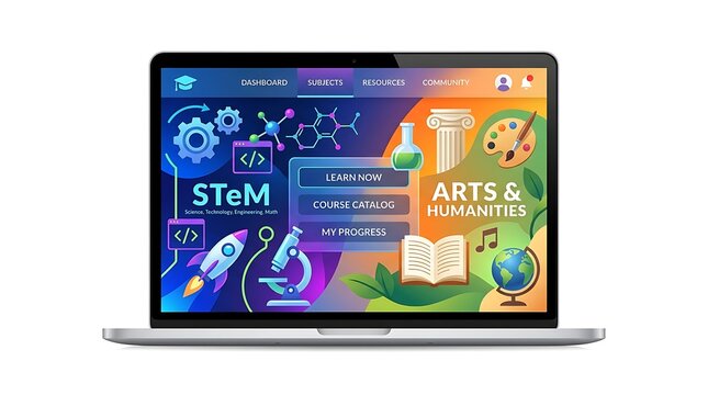 Online learning platform on laptop with stem and humanities subjects