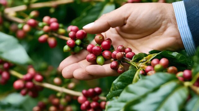 Coffee Cherries on the Branch: A farmer's hand gently inspects ripe, red coffee cherries on a branch, showcasing the vibrant start of the coffee bean journey.