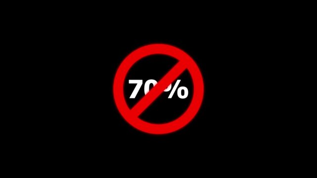 70 percent prohibited sign animation, red forbidden circle overlay on percentage symbol, warning and restriction concept for business data