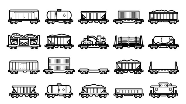 Freight train car vector line icons showing cargo containers, oil tanker wagons and car transport carriages, representing industrial railway logistics and heavy freight transportation