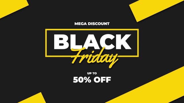 Black Friday Mega Discount Up To 50 Percent Off Charcoal Dark Background Yellow Angled Stripes Animated Promo