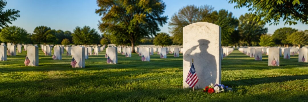 shadow of saluting soldier on military headstone with american flag and flowers in national cemetery