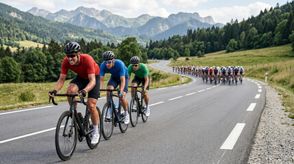 Fototapeta premium Cyclists racing on winding road in scenic mountainous landscape 