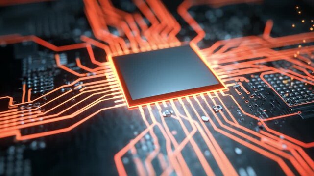 Circuit Board Glow: A close-up view of a glowing orange circuit board, highlighting the intricate pathways and central processor, evoking a sense of advanced technology and digital connectivity.