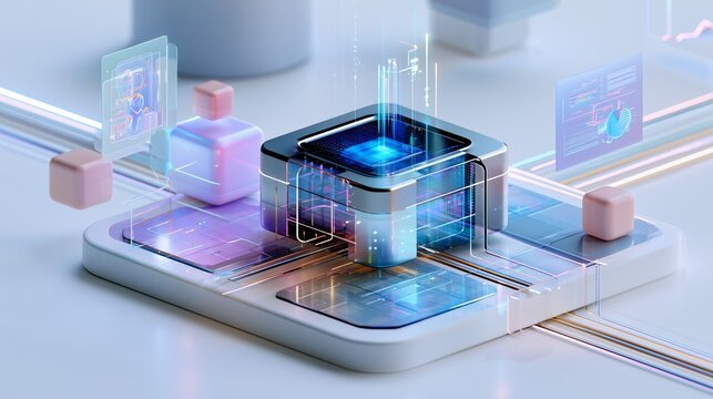 Isometric 3D technology rendering of a glowing central processor unit analyzing data on holographic displays with light streams symbolizing information flow. Concept for artificial intelligence and bi