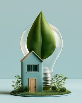 Vertical Minimalist 3D rendered concept art of a tiny blue house powered by a green leaf inside a lightbulb, symbolizing sustainable living and renewable energy for a clean future.