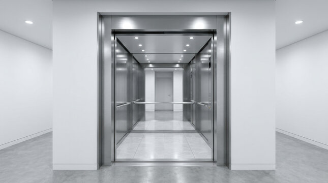 Modern elevator with open doors in a white hallway
