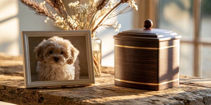 A cozy wooden shelf displaying a framed of a small dog and a decorative lidded box with a vase of dried flowers