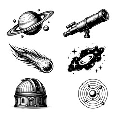 Set of black and white hand-drawn style space featuring a planet with rings, a telescope, a comet, a galaxy, an observatory, and orbits © md solaimas