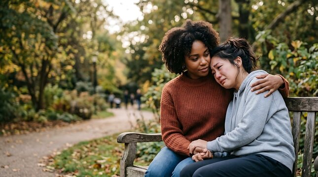 Two Close Friends Sharing Emotional Support Outdoors in Natural Park, Authentic Lifestyle, Diversity, Friendship and Mental Wellbeing Concept