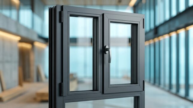 Modern black aluminum window frame with glass panes and handle, interior.
