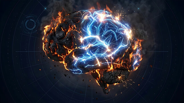 Burning brain on fire short circuit 3d illustration. Electric neural network damage mental overload graphics. Flaming human brain burnout.