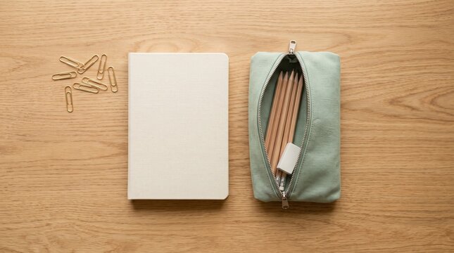 Blank notebook mockup with pencil case and paper clips on wooden desk top view