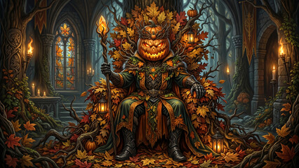 Obraz premium Pumpkin Season. Pumpkin king on throne surrounded by autumn leaves in a mystical forest setting