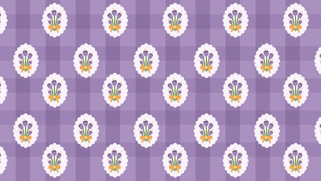 Seamless pattern with lavender flower bouquets inside oval frames on a purple plaid background.