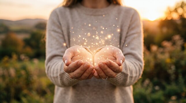 Woman holding glowing magic light particles in her hands at sunset, symbolizing hope, dreams, and positive energy concept