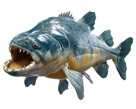 Prehistoric Predator: A fearsome prehistoric fish, possibly a Pacu, with sharp teeth and an imposing jaw, poses with its mouth open, revealing its predatory nature.