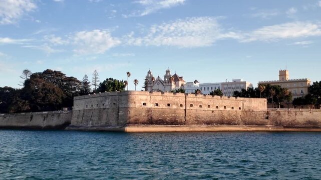 Baluarte de la Candelaria fortification from the sea, Cadiz, Spain