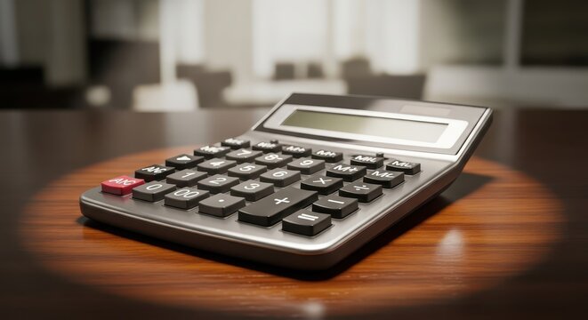 A professional calculator with many keys resting on a wooden desk, symbolizing financial calculations and business management