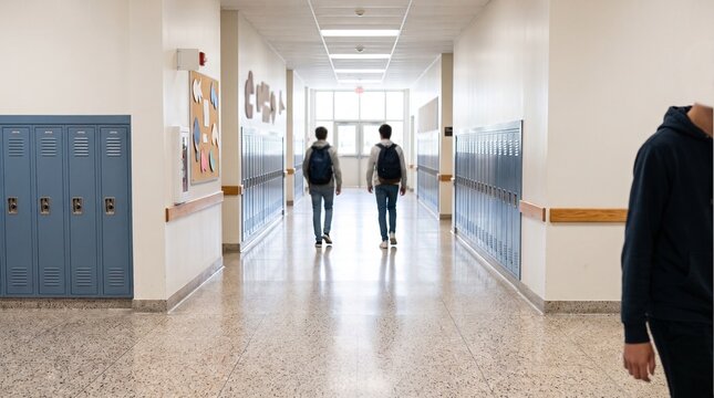 High school students with backpacks walking down bright hallway with blue lockers