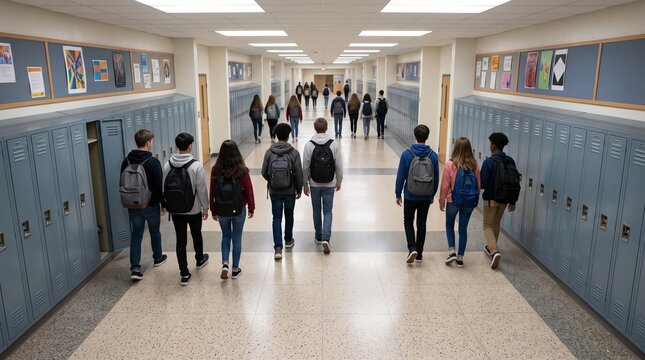 High school students with backpacks walking down a locker-lined school hallway