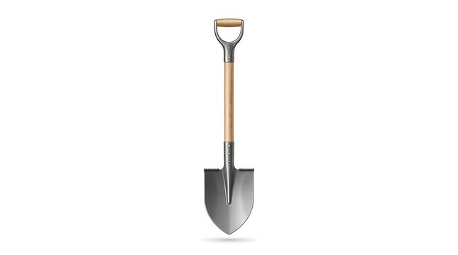 Garden shovel isolated on white background. Metal spade with wooden handle for digging.