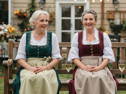Mature women wearing traditional dirndl dresses celebrating oktoberfest