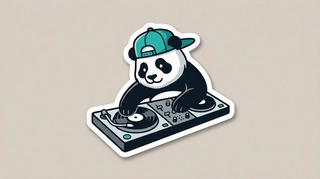 Sticker illustration of a giant panda wearing a teal backwards baseball cap while mixing music on a dual turntable console with vinyl records. High-contrast vector character design.