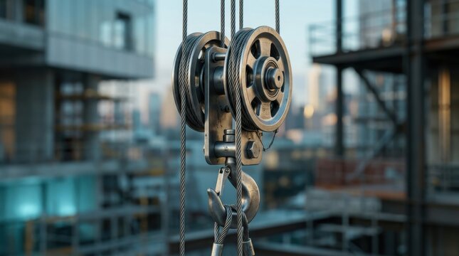 Pulley block with metal hook and steel cables for lifting on site.