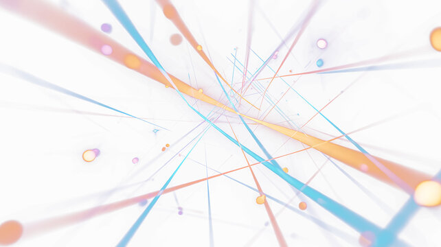 Colorful light streaks and luminous particles radiate across a clean white field