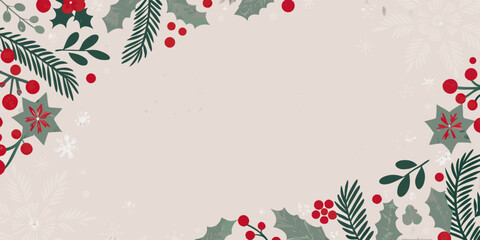 Holly berry and evergreen branch floral ornament with snowflake accents on a beige background berries botanical christmas conifer decorative foliage frame green holiday © PabanBiswas