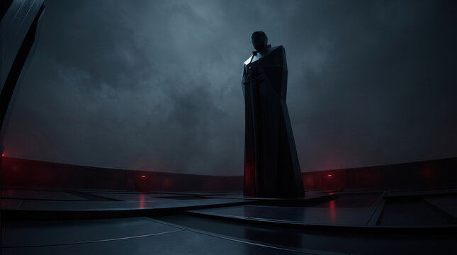 Dark giant monolith statue symbolizing power, control and oppression under cloudy sky, dystopian sci-fi environment.