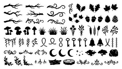 Obraz premium Set of forest nature elements, branches, leaves, mushrooms, keys and symbols vector illustration