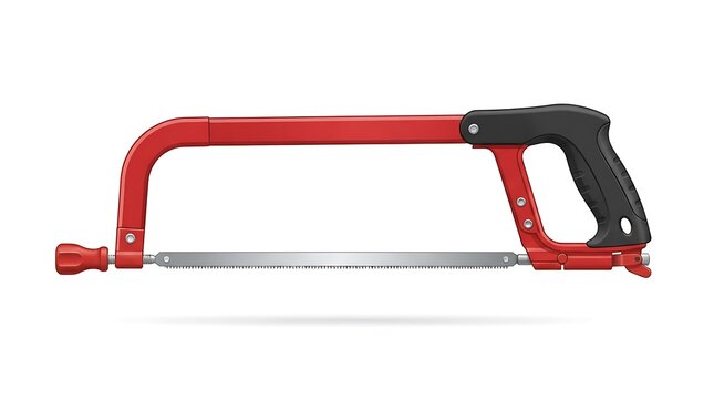 Red hacksaw isolated on white background. Professional metal cutting hand tool for construction.