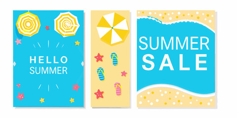 Summer themed vector banners featuring beach umbrellas flip flops and wave patterns with bright color palettes illustration vacation holiday sun umbrella parasol flip flops © PabanBiswas
