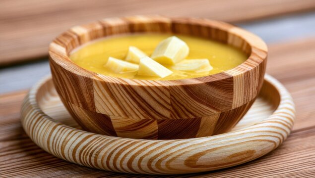 A wooden bowl filled with creamy yellow soup topped with butter pieces sits on a wooden plate