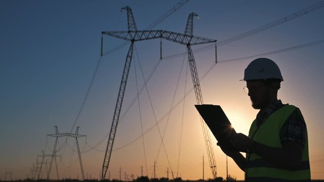 Two engineers shake hands near power grid infrastructure at sunset after field inspection. Partnership reflects business cooperation, engineering expertise and dependable electrical services. 