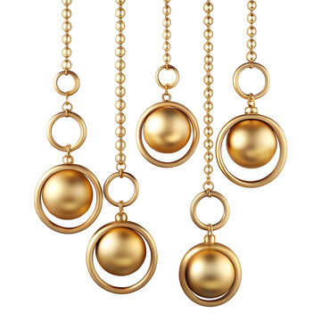 Five hanging golden spheres suspended on delicate metallic chains isolated on a plain white background