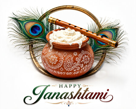 Butter Filled Earthen Pot with Wooden Flute and Peacock Feathers for Janmashtami Greeting Banner