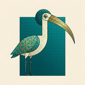 Geometric ibis bird illustration. Cybernetic avian art with circuit board patterns.