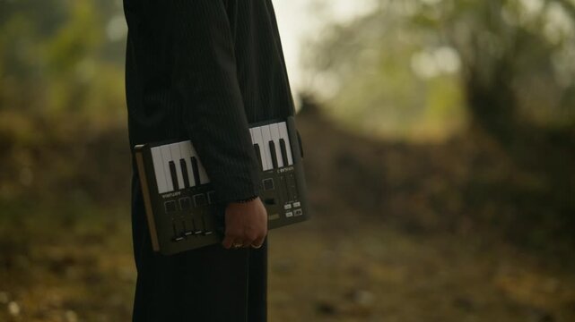 Extreme close up of hands holding a black and white MIDI keyboard controller against a dark robe with blurred forest background in warm light