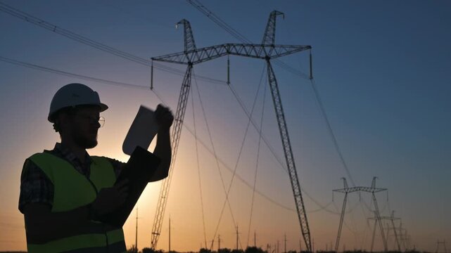 Man engineer works near high voltage transmission towers at sunset. Energy concept highlights power infrastructure, utility operations and professional engineering services for modern industry