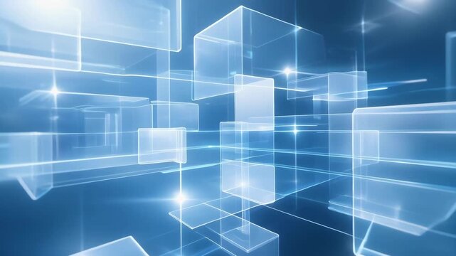 Transparent 3D floating squares in a glowing blue digital space