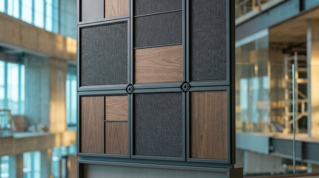 Modern modular panel system with wood and fabric inserts in an office interior setting.