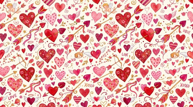 Seamless Watercolor Valentine's Day Pattern with Hearts and Cupids