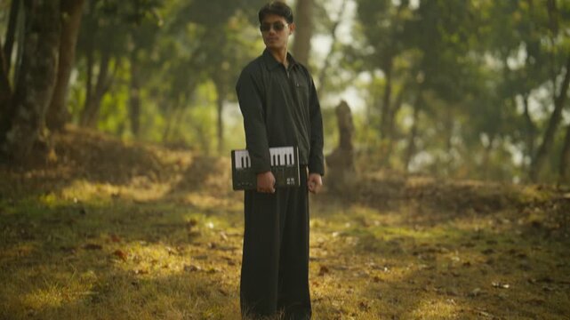 Smiling young musician in dark robe holding a MIDI keyboard controller looking upward on a sunlit forest path surrounded by autumn trees	