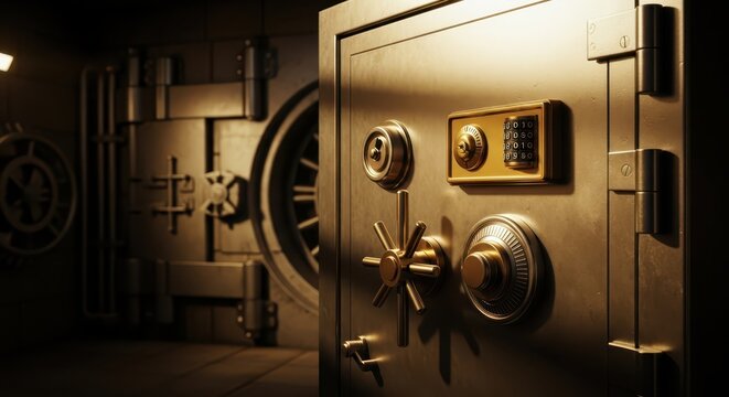 Close-up of a heavy-duty metal bank vault door with a combination lock and mechanical locking mechanism in a secure vault room